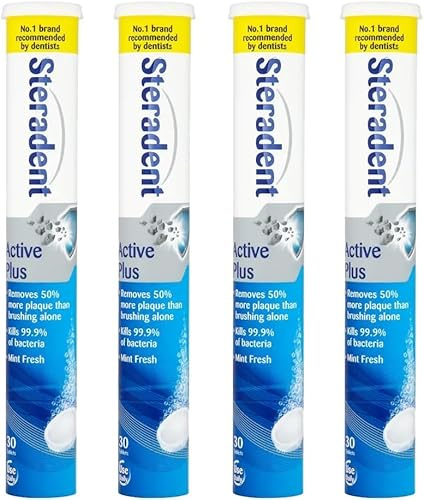 4 Pack Active Plus Denture Cleaning Tablets - 120 Tablets, False Teeth Cleaner, Retainer, Denture & Mouth Guard Sterilising Tablets, Multipack Bundle for Fresh Hygiene and Stain Removal