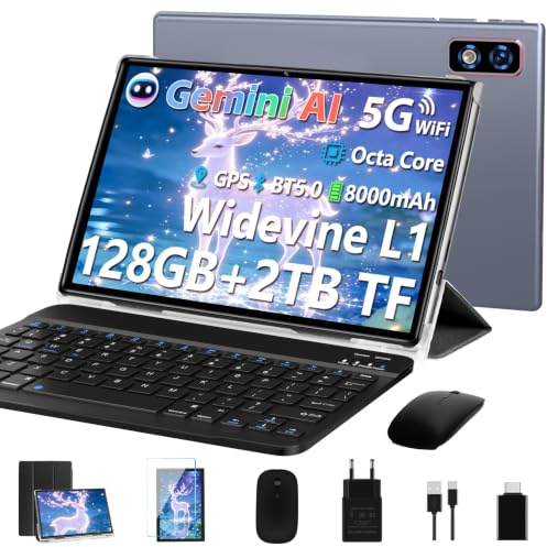 Último Tablet Gemini AI Android, Tablet 10 Pulgadas, 22GB+128GB/TF 1TB, Octa-Core 2.0GHz, 5G WiFi, Bluetooth5.0, 8000mAh Batería, 8MP+5MP, Widevine L1, GPS, Tablet con Funda, Teclado y Ratón - Gris