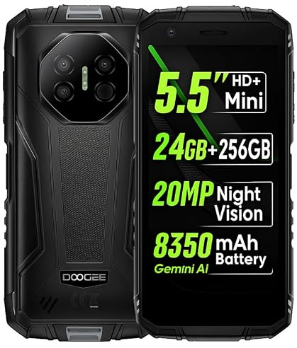 DOOGEENEXT Mini Smartphone Incassable Fire 3 Ultra, 24Go+256Go, 20MP Vision Nocturne Caméra, 5,5 HD+, Format Compact+Prise en Main Facile, Batterie 8350mAh, IA Gemini, Téléphone Renforcé, NFC Noir
