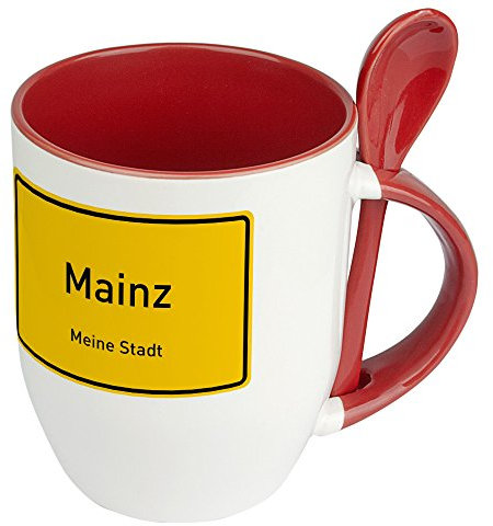 digital print Städtetasse Mainz - Löffel-Tasse mit Motiv Ortsschild - Becher, Kaffeetasse, Kaffeebecher, Mug - Rot
