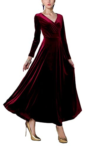 Urban CoCo Women Long Sleeve V-Neck Velvet Stretchy Long Dress (X-Large, Wine Red)