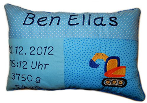 Momelie Blaues Schmusekissen * Kuschelkissen * Bagger * mit Namen Bestickt * ca. 25 * 40 cm groß * SK-bl_0084