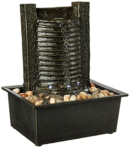 Pure Garden Indoor Water Fountain With LED Lights- Lighted Waterfall Tabletop Fountain With Stone Wall and Soothing Sound for Office and Home Décor Black