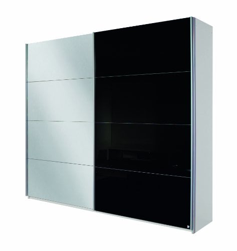 Rauch Möbel Quadra Kleiderschrank, Schwebetürenschrank, 2-türig, inkl. Zubehörpaket Basic 3 Einlegeböden 3 Kleiderstangen, Farbe Alpinweiß/Glas schwarz, BxHxT 226x210x62cm