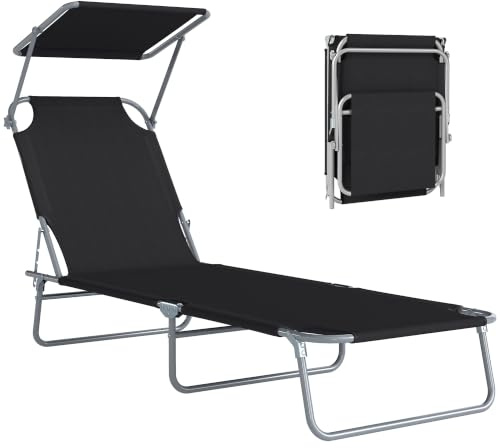 Outsunny Reclining Chair Folding Lounger Seat with Sun Shade Awning Beach Garden Outdoor Patio Recliner Adjustable (Black) | Reclining Sunbed, 4-Position Adjustable Backrest, 600D Oxford Cloth, Garden Lounger Recliner Chair, Beach Camping Patio