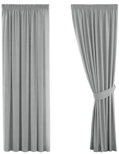 H.Versailtex Grey Blackout Curtains for Bedroom Pleated Thermal Curtains & Drapes Short Blackout Curtains for Window Treatment Living Room, 2 Panels, 46 Width x 72 Drop (with Two Matching Tiebacks)