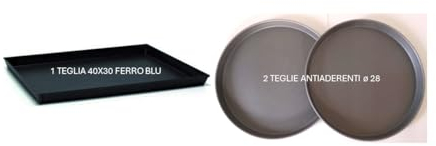 G.T. INOX Set TEGLIE da Forno Pizza in CASA: 1 teglia in Ferro Blu 40X30 H.3 + 2 teglie antiaderenti ø 28 h. 2,5