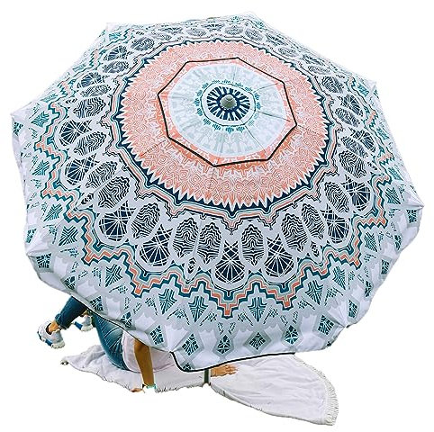 Sombrilla de playa y césped con bolsa de transporte de viaje a juego, poste telescópico de aluminio inclinable de 7 pies y 5 pulgadas, ancla de arena/hierba, ventilación de viento, varillas de fibra