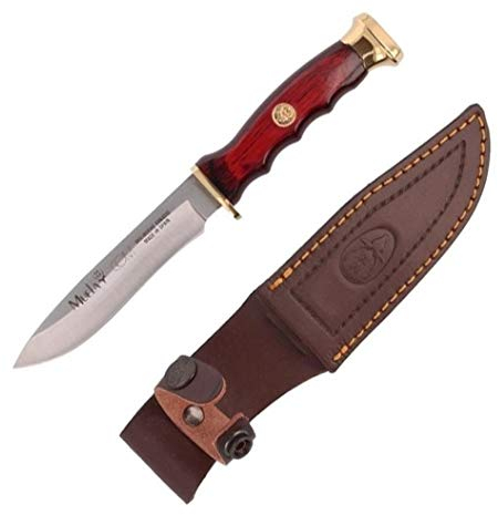 Muela Cuchillo de caza COMF-10 con hoja de acero inoxidable MoVa de 10 cm y empuñadura de madera de coral para Caza, Pesca, Supervivencia y Bushcraft + Portabotellas de regalo