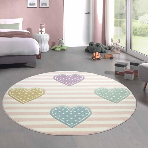 CARPETIA Kinderteppich Kinderzimmerteppich Babyteppich Mädchen mit Herz rosa lila grün blau Größe 160 cm Rund