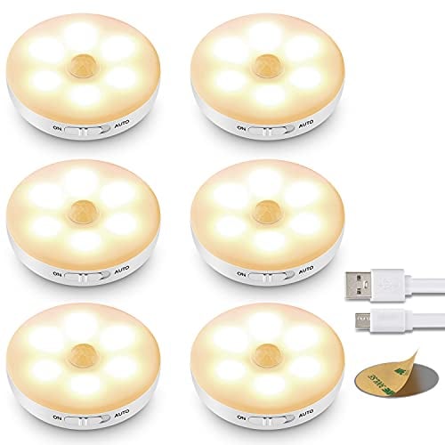 Nachtlicht mit Bewegungsmelder, Lampe mit Bewegungsmelder Innen, USB Batterie Wiederaufladbar, Klebeleuchte, LED Bewegungsmelder für Schrank, Flur, Schlafzimmer, Kinderzimmer (Warmweißes, 6 Stücke)