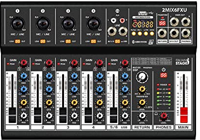 Italian Stage IS 2MIX6FXU - Mixer audio analogico stereo a 6 canali per live, con DSP Multi FX e Bluetooth, Nero