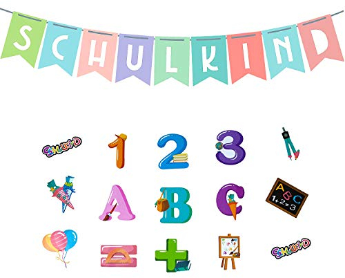 Oblique Unique® Schuleinführung Schulanfang Einschulung Deko Set für Jungs Mädchen - Schulanfang Girlande + Zahlen Tafel Ballons Zuckertüte Konfetti