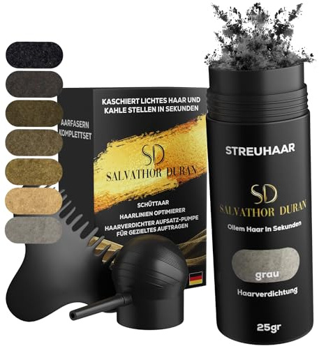 Streuhaar Salvathor Duran 25 g – 3er Set (Hair Fiber + Applicator + Kamm) | Hair Fiber Spray & Thick Fiber für sofortige Haarverdichtung (Grau)