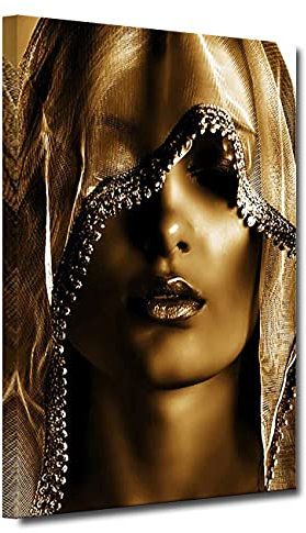 ZHONGYUTONG Afrikanische Frau Porträt Wandbild mit Rahmen Goldener Kunstdruck Elegantes Mädchen Leinwand Gemälde Geschenk Moderne Wohnkultur für Schlafzimmer Wohnzimmer (60x90cm)