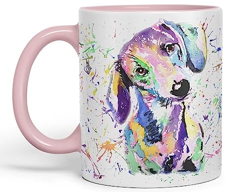 Vixar Dachshund Dog Sausage Wiener Badger Pet Watercolour Rainbow Art Ceramic 330 ml Coloured Mug Cup Gift Birthday Work Office Christmas Tea Coffee (Pink)