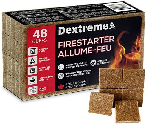 Dextreme Fire Starter Pack of 144/48 Natural Fire Starters Cubes for Campfires, Charcoal, BBQ, Grill Pit, Fireplace, Wood Stoves, Smokers and Camping - Easy to Ignite and Non Toxic… (48 Squares)