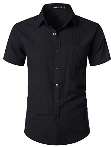 PARKLEES Men's Fitted Cotton Linen Casual Short Sleeve Button Up Shirts Lightweight Beach Tops with Pocket EU-PZLSC34-Black Medium