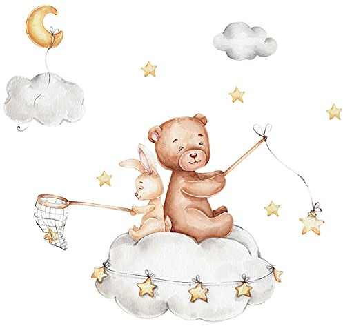 duoyif Wandsticker Bär Hase Wandtattoo Sterne Mond Wolken Kinderzimmer Wanddeko Wandtattoo Kinder Tier Kinderzimmer Wandaufkleber Aquarell Wandtattoos Kinderzimmer Babyzimmer Spielzimmer 60x70cm