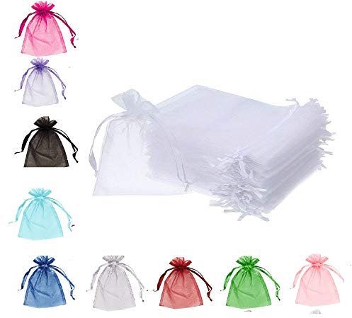 EMSIA Organza Bags 7 x 9 cm Gift Wedding Favor Jewellery Pouches, Small Party Sweet Bags, Drawstring Pouches Viola Seeds Lavender Bags (7 x 9 cm -50 pcs, White)