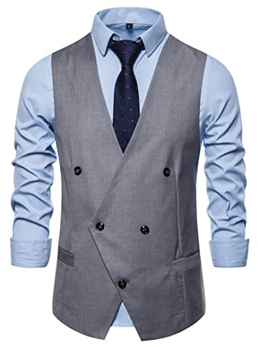 Men's Casual Vintage Plaid Buttoned Two Row Personality Business Formal Dress Vest Gray L