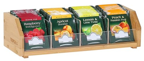 TIOPGHAD Small Bamboo Tea Bag Organizer, Tea Box Storage Holder, Natural | Holds 60 tea bags, Removable Compartments, Acrylic Dividers, Wood, for Cabinet, Countertop, Office, Drawer, K cups, coffee