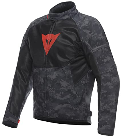 Dainese - Ignite Air Tex Jacket, Chaqueta de Moto de Verano, Tejido de Malla, Chaqueta de Moto para Hombre, Protecciones Suaves, Gris Camo/Negro/Rojo Fluo, 44
