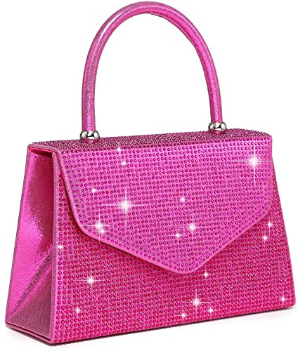 Dasein Pochette da sera da donna, per feste, matrimoni, cocktail, balli studenteschi, con glitter satinati, Strass-fucsia, Medium