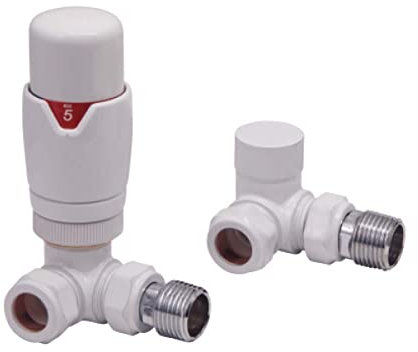 Designer Corner TRV Thermostatic Towel Rail Radiator Valves 15mm White | Energy Saving |