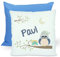 CreaDesign, Kinder Kissen 40x40 cm personalisiert mit Namen, Kinderzimmer Deko Kissen Kinder mit Füllung Federn, Motiv Eule, Rückenfarbe Blau