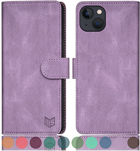 SUANPOT for iPhone 13 5G 6.1 inch case with [Credit Card Holder][RFID Blocking],PU Leather Flip Book Protective Cover Women Men for Apple 13 Phone case Lilac Purple