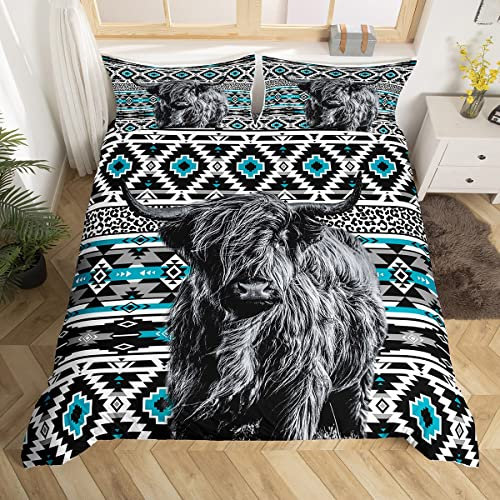 Highland Cow Bettbezug Bohemian Style Blau Schwarz Weiß Grid Bettwäsche Set für Kinder Jugendliche Erwachsene Wild Animal Retro Tribal Plaid Bettbezug mit 1 Kissenbezug 135x200