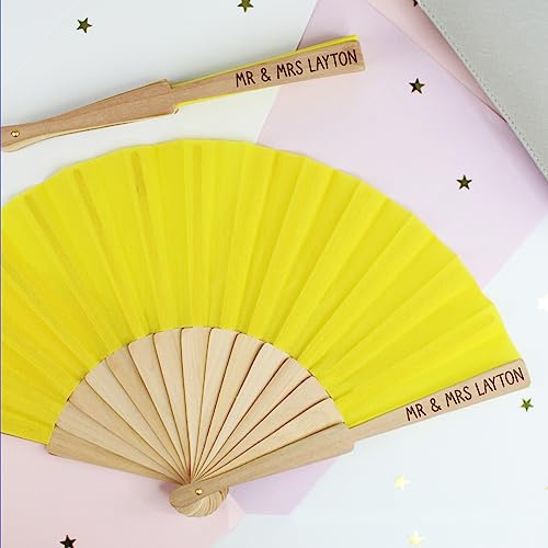 eBuyGB Personalised Wooden Hand Fan with Custom Text, Yellow Folding Handheld Fan, Hen Do Abroad, Bridal Party Favours, Girls Weekend, Pool Party, Destination Wedding Favours (Pack of 20)