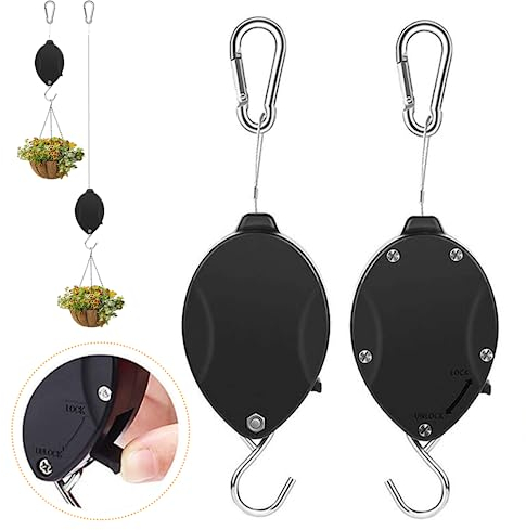 Frunimall Pflanzenrollen Haken mit Drahtseil,AbschließbarAmpelaufzug Blumenampel Halterung Einziehbare Hochleistungs,Einziehbarer Haken,Hängende Blumenkorb Haken für Körben,Vogelhäuschen,2 Stück