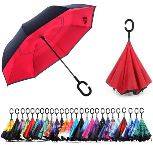 CICILIAYA Parapluie inversé pliable à double couche, support à l'envers, protection contre la pluie, parapluie inversé pour voiture avec poignée en forme de C, grand parapluie droit, Rouge 1, M