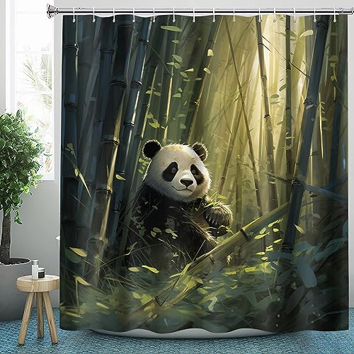 Panda Duschvorhang 180x180 Textil für Badezimmer, Polyester-Stoff Duschvorhänge Süß Tier & Zubehör-Set, Anti-Schimmel, Waschbar, Badewannenvorhang für Badewannen mit 12 Haken