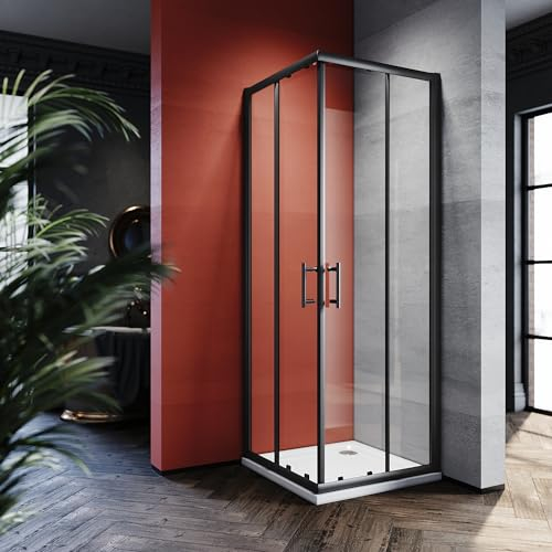 SONNI 76x76cm Eckeinstieg Duschkabine ohne duschtasse, Duschtür Schwarz Sicherheitsglas Schiebetür Eckdusche Duschabtrennung
