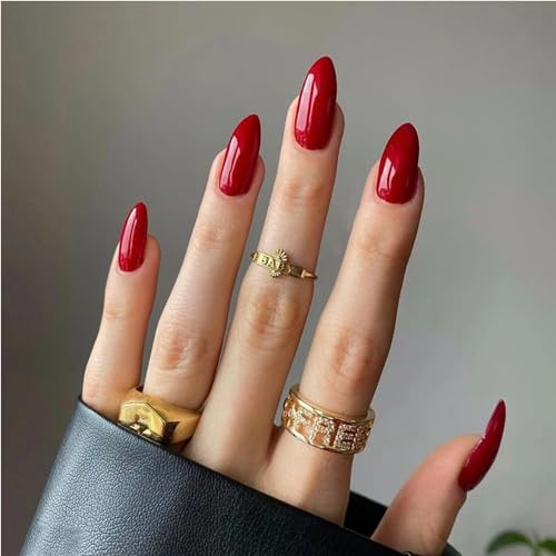 24Pcs Français Faux Ongles Court Amande Press on Nails Couleur Pure Naturel Ongles à Coller Ballerine Capsules Ongles Glossy Acrylique Faux Ongles Autocollants pour Femmes et Filles (Vin Rouge)