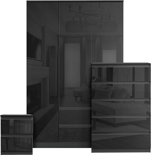Blisswood High Gloss Bedroom Furniture Set 3 Piece Bedroom Set With High Gloss 3 Door Wardrobe & 5 Drawer Chest of Drawer + 2 Drawer Bedside Table Cabinet for Bedroom Storage Furniture Set (Black)