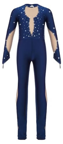 Yruioon Kinder Turnanzug Mädchen Gymnastikanzug Ganzkörper Trikot Mesh Patchwork Ballettanzug Langarm Eiskunstlauf Body Sport Overall Jumpsuit Marine Blau 134-140