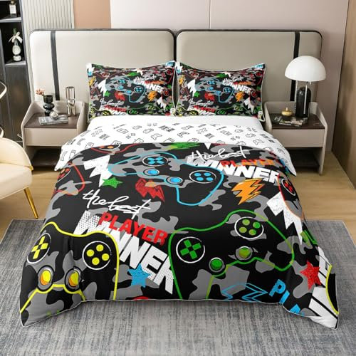 Homemissing Housse de Couette Gamer 140x200cm en Coton - Camouflage Gaming pour Garçons Adolescents - Jeux Vidéo Gris Camo Respirant