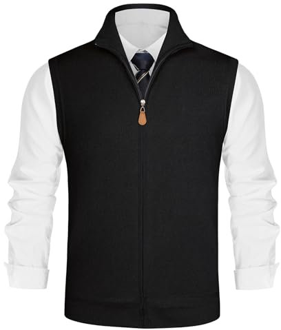 PJ PAUL JONES Herren Ärmellose Strickweste Pullunder V-Ausschnitt Strick Pullover mit Reißverschluß Schwarz XXL