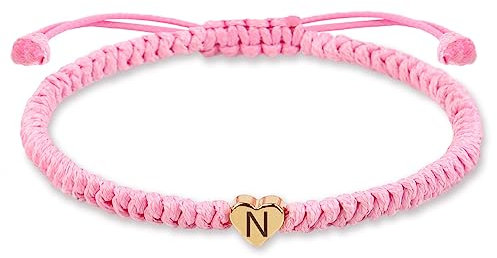Pink Weave Rope Letter Bracelet for Women, Bracelet for Women Heart 26 Letters A-Z Alphabet Handmade Adjustable Nylon Bracelet for Couple Girls Sister Friends, Mother's Day Birthday Present
