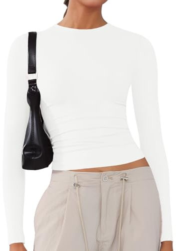 Women's Soft Long Sleeve Shirts Crew Neck Tops Basic Tees Stretchy Going Out Crop Tops Y2K Slim Fit T-Shirts White XS