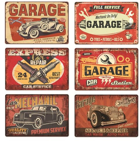 MHMondawn Lot de 6 panneaux décoratifs rétro pour garage, moto, essence, voiture, huile moteur, magasin, maison, bar, décoration murale (20 x 30 cm)