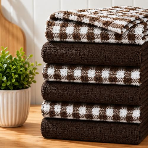 Casabella Pack Of 6 Terry Towelling Cotton Kitchen Tea Towels. Soft, Highly Absorbent Dish Towels & Bar Towels Unbeatable Price (6 Pieces Set, Brown)