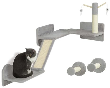 PawHut pet Wall Furniture, 3 Piece Cat Shelves with Scratching Posts, Scratching Pads, Perches, Cat Wands, Toy Balls, Corner Design Cat Wall Shelves for Indoor Cats, Kittens, Light Grey