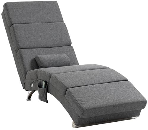 HOMCOM Fauteuil Relax Salon Fauteuil de Massage et Chauffage meridienne Chaise Longue d'intérieur, avec télécommande et Oreiller, Chambre à Coucher, Salon, Tissu Effet Lin Gris