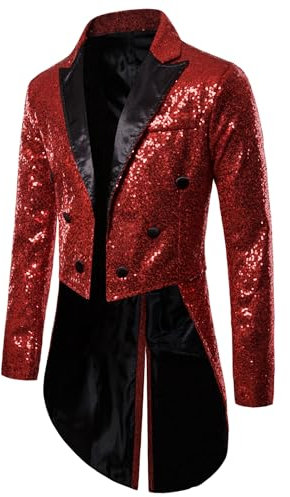 Herren-Smokingjacke mit glänzenden Pailletten, Reverskragen, Button-Down-Blazer, Smoking, Party, Club, Hochzeit, Abschlussball, Schwalbenschwanz-Anzug, Frack, Rot a, S