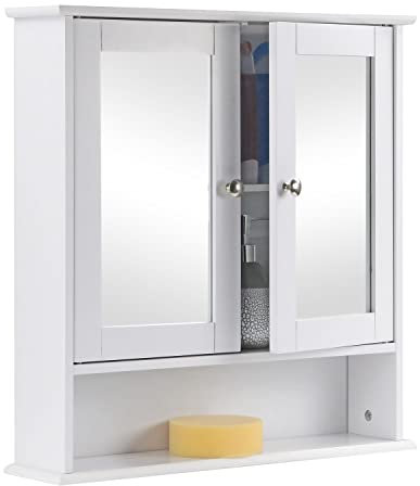 Taylor & Brown Double Door Mirrored Bathroom Cabinet Storage Cupboard Organiser Wall Mounted Mirror Cabinet with Adjustable Shelves, White 56cm x 13cm x 58cm